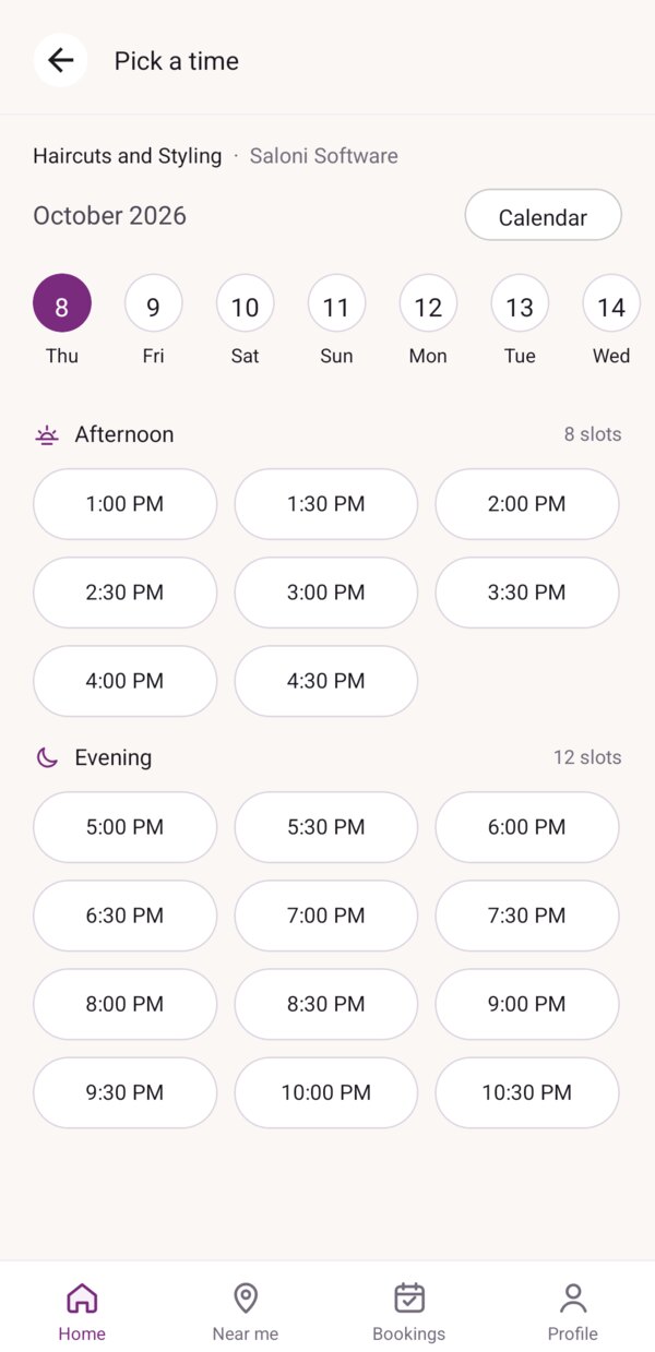Choosing a time slot in the Saloni app